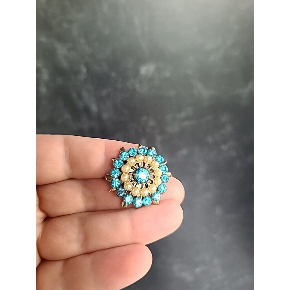 Faux Pearl Prong Set Aqua Rhinestone Floral Brooch Vintage, READ